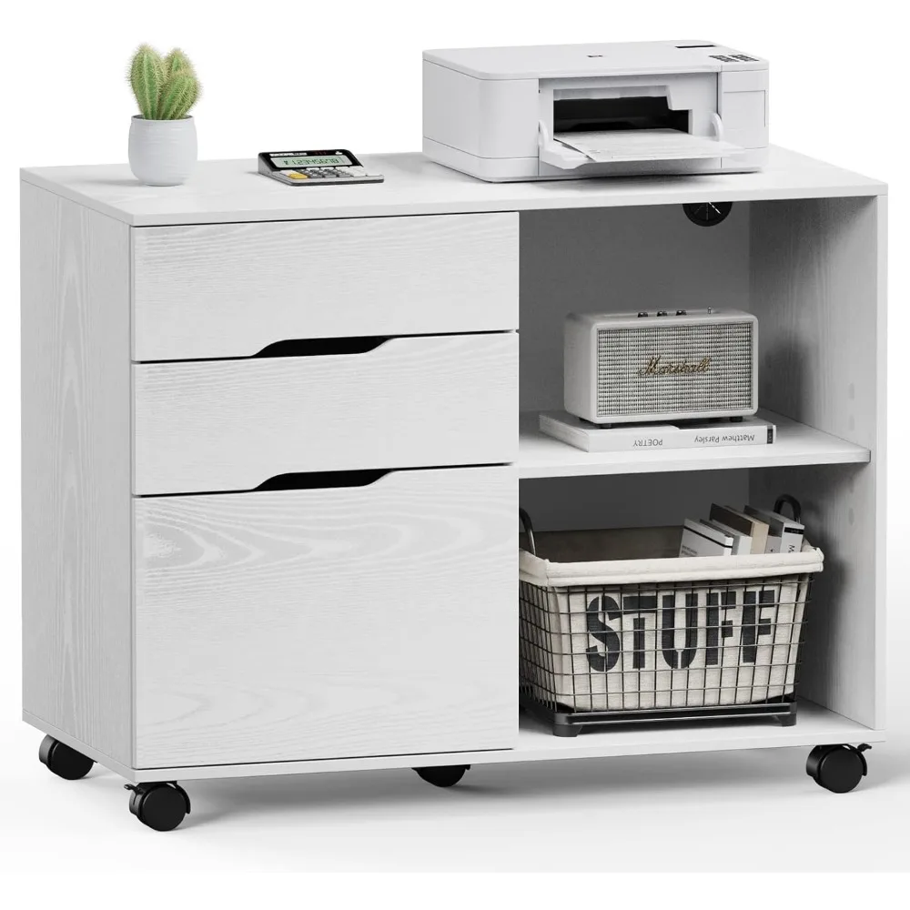 3-Drawer Wood File Cabinet with Wheel, Mobile Chest Storage Cabinet, Printer Stand with Storage Shelves for Home Office,White