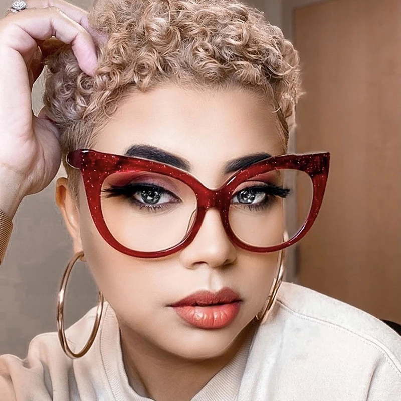 Anti Blue Light Optical Oversized Cat Eye Sequin Pink Glasses Women Vintage Brand Designer Myopia Prescription Eyewear Frame