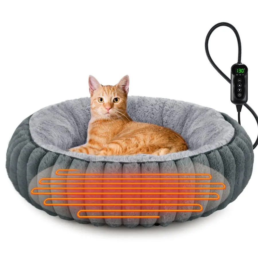 

Heated Cat Beds for Indoor Cats and Small Dogs, 20 Cozy Donut Heated Pet Bed with Timer amp Temp Adjustable, Removable Waterproo