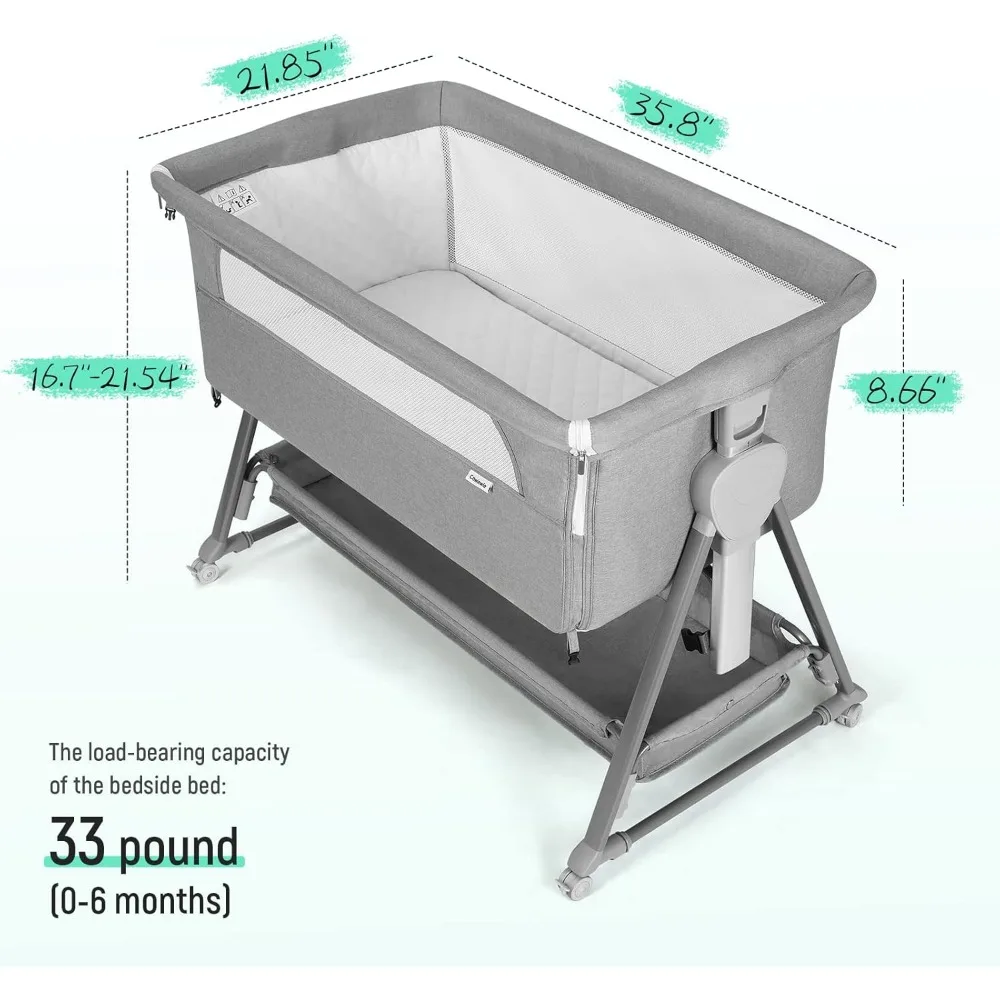 아기용 접이식 침대 옆 배스넷, 침대 옆 배스넷, 보관 바구니 및 바퀴 포함