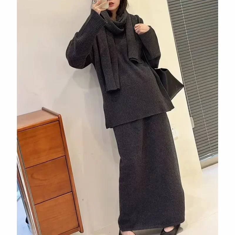 SuperAen Autumn and Winter New Korean Style Loose Casual O-neck Oversize Sweaters Knitting Solid Skirt Scarf Three-piece Sets