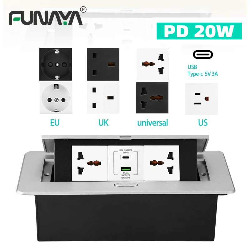 

Выдвижные розетки с USB Type-c PD Встраиваемые встроенные настольные розетки ЕС, США, Великобритания, универсальная вилка, сплав, серебристый, черный, для настольного пола