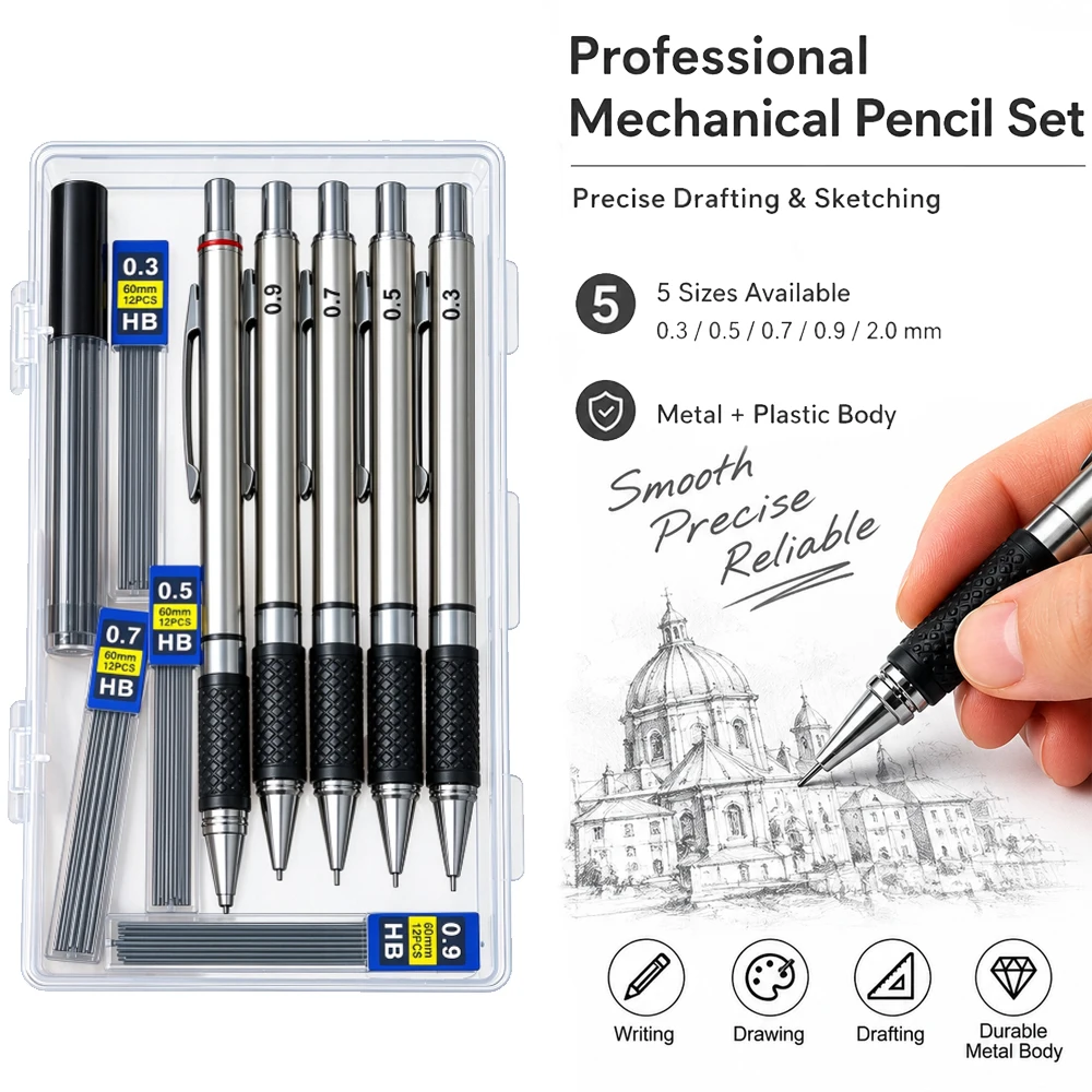 0.3/0.5/0.7/0.9/2.0mm Mechanical Pencil Set,Anti Slip Soft Set Grip Handle Pencil Sketching Writing Office Stationery Supplies