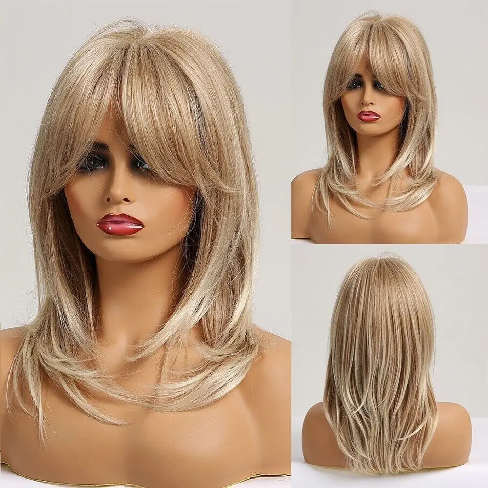 Middle Long Straight Synthetic Wigs Blonde Highlight Layered Wig with Side Bangs