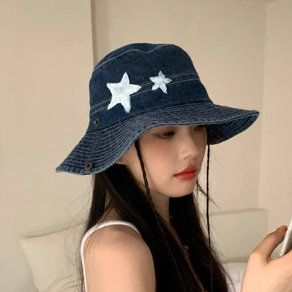 

Retro Denim Star Fisherman Hat Wide Brim Adjustable Western Cowboy Hat Sunshade Y2K Mountaineering Hat Fishing