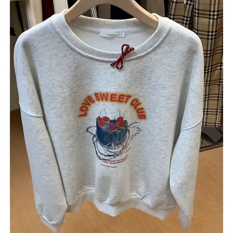 Love Sweet Club Cherry Printed Sweatshirt Light Gray Pullover Loose Baggy Streetwear Fashion Women K Pop Clothes Krorean Style