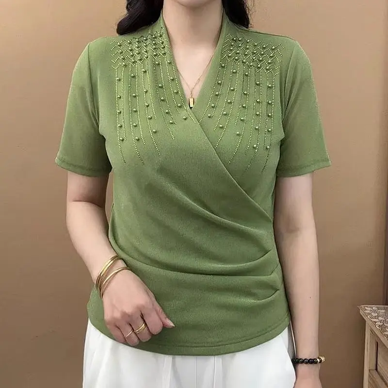 

Elegant Cross-Neck Mesh Short-Sleeve T-Shirt Women's Fashionable Slimming Elastic Top Summer New Arrival Lady's Standard Fit ...