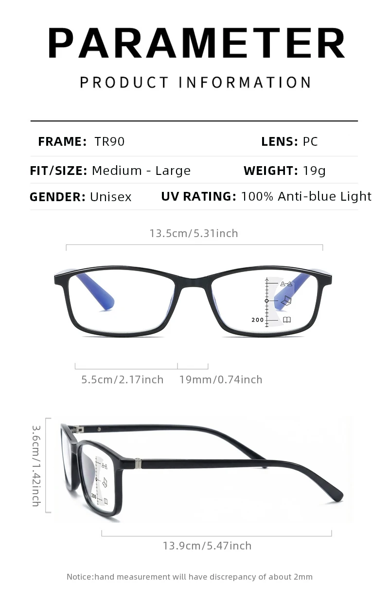 Ultraleichte, kleine Rahmen-Retro-Progressive-Multifokal-Lesebrille, blaues Licht blockiert Nah-Fernsicht-Anti-Augen-Brille – Detail 10