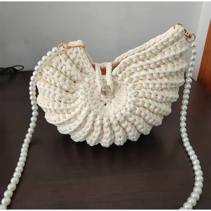 Conch Shell Knit Crochet Umhängetasche, Perlenkette, handgefertigte gewebte Damen-Umhängetasche, elegante, zarte, süße, kompakte Geldbörse – Detail 39