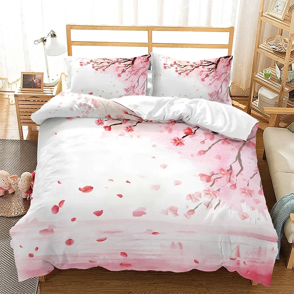 Pink Floral Duvet Cover Japanese Cherry Blossoms Theme Bedding Set Spring Romantic Quilt Cover For Girl Microfiber Bedspread