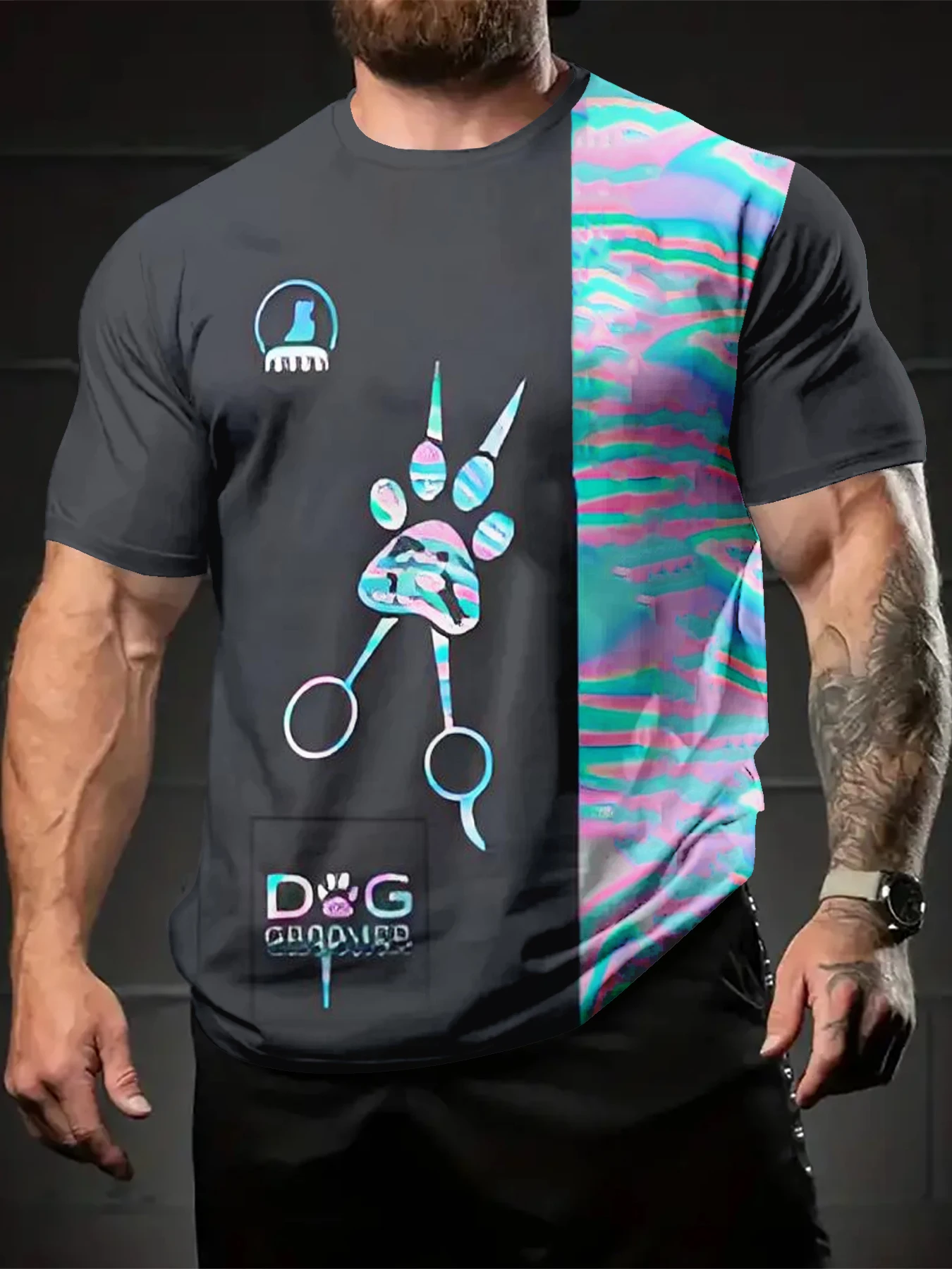 Casual Men Split Tone Iridescent Texture Pet Salon Graphic Basic Short Sleeve Top