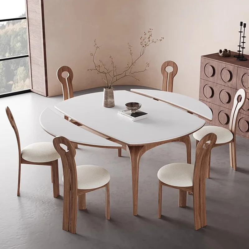 American solid wood folding dining table variable round table living room retractable deformation French medieval family