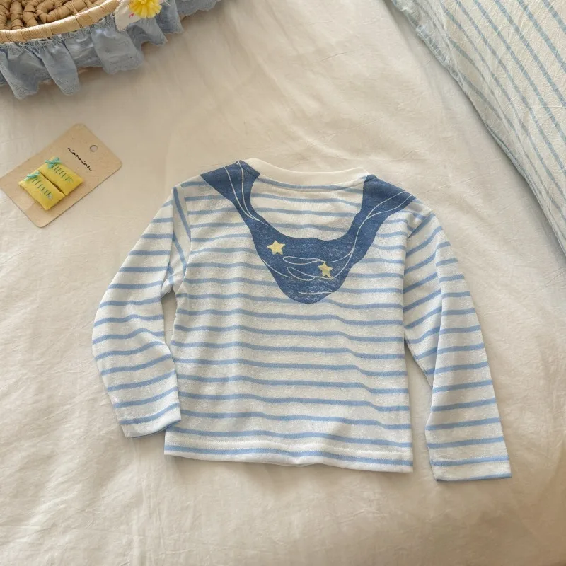 New Style Fake Two-piece Striped Long Sleeved T-shirt Children's Sunscreen Shirt, Blue and White Striped Top