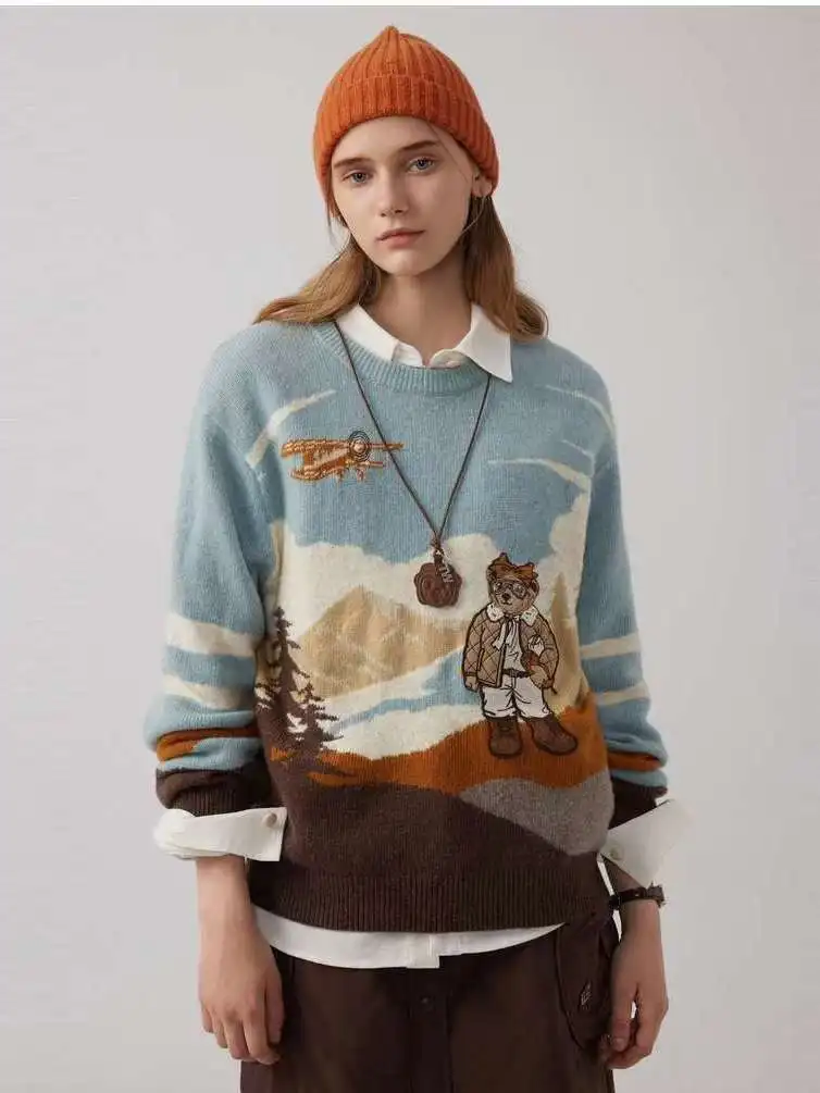 Autumn Cashmere Women's Pullover Cute Bear Sweater Stylish Casual Loose Fit O-neck Knit Bear Embroidery Long Sleeve Jumper 2024