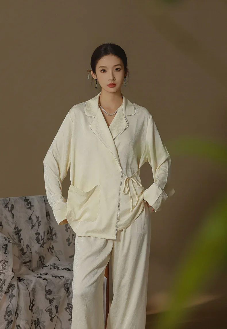 

Chinese Style Satin Loungewear Women Long Sleeved Jacquard Pants Silk Pajamas for Women 2 Pieces Pyjamas Sleepwear Home Suit