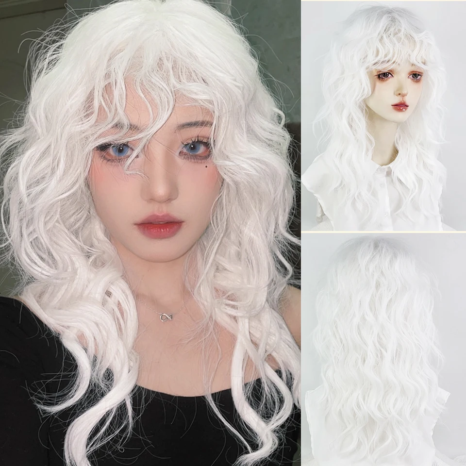White Long Wavy Curly Synthetic Wig with Bangs Heat Resistant Women Fluffy Lolita Cosplay Wig for Daily Party