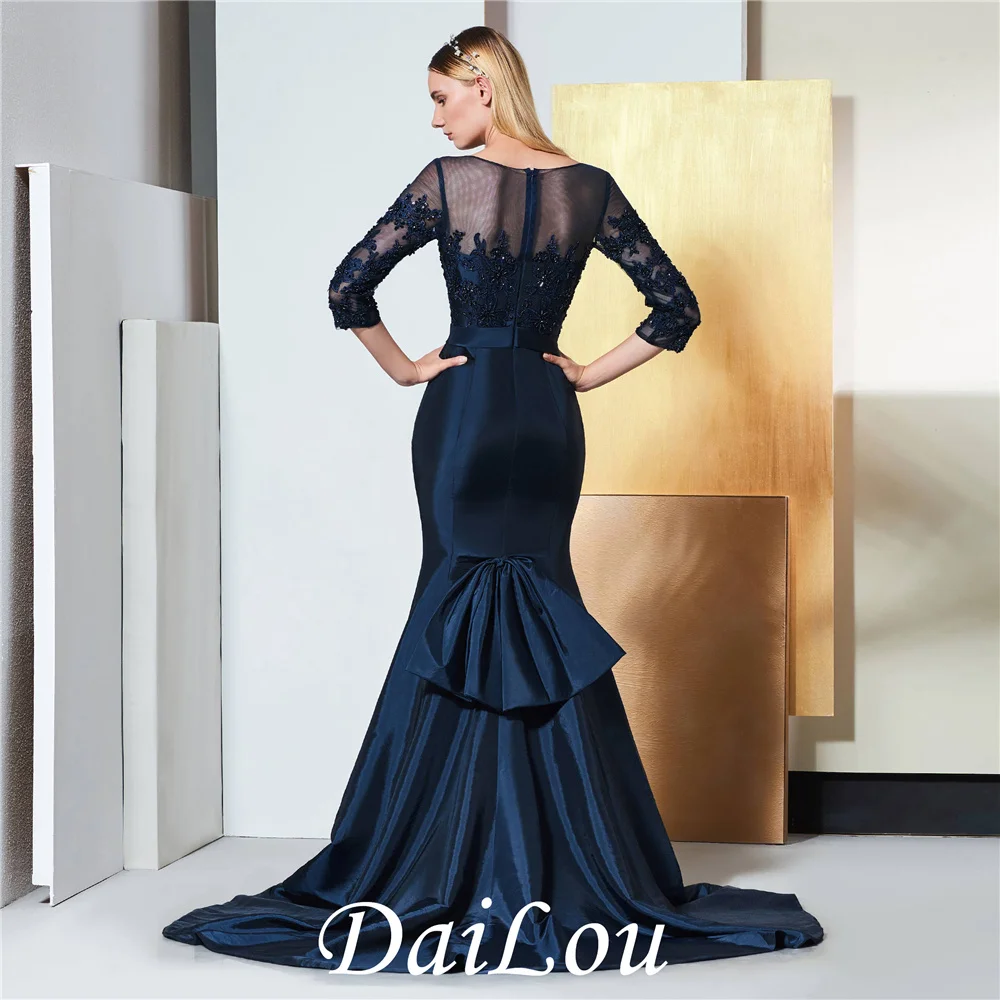 Trumpet Bateau Beading Sweep/Brush Bowknot 3/4 Length Floor-Length Sleeves Lace Taffeta Evening Dress