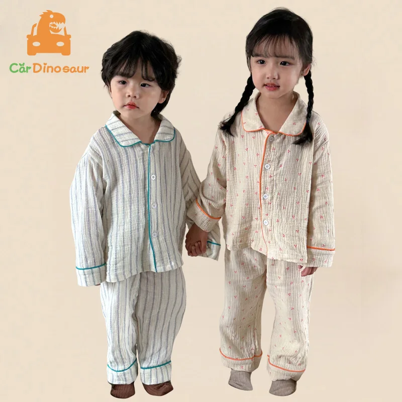 Autumn Spring 1-12 Years Children Cotton Striped Shirt+Trousers 2 Pieces Suit Sleepwear Kids Boys Girls Soft Loose Pyjamas Set