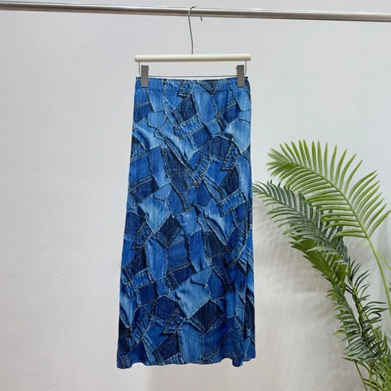 Pleated Summer Printed Skirt 2026 New Elastic Waist Stretch Sweet Versatile Straight Slit Long Skirt Women's Clothing