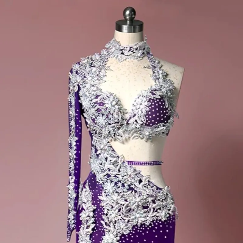 Aangepaste buikdanskostuum prestatiejurk set high-end oosterse dans jumpsuit lange mouwen cover gewaad lange rok fee