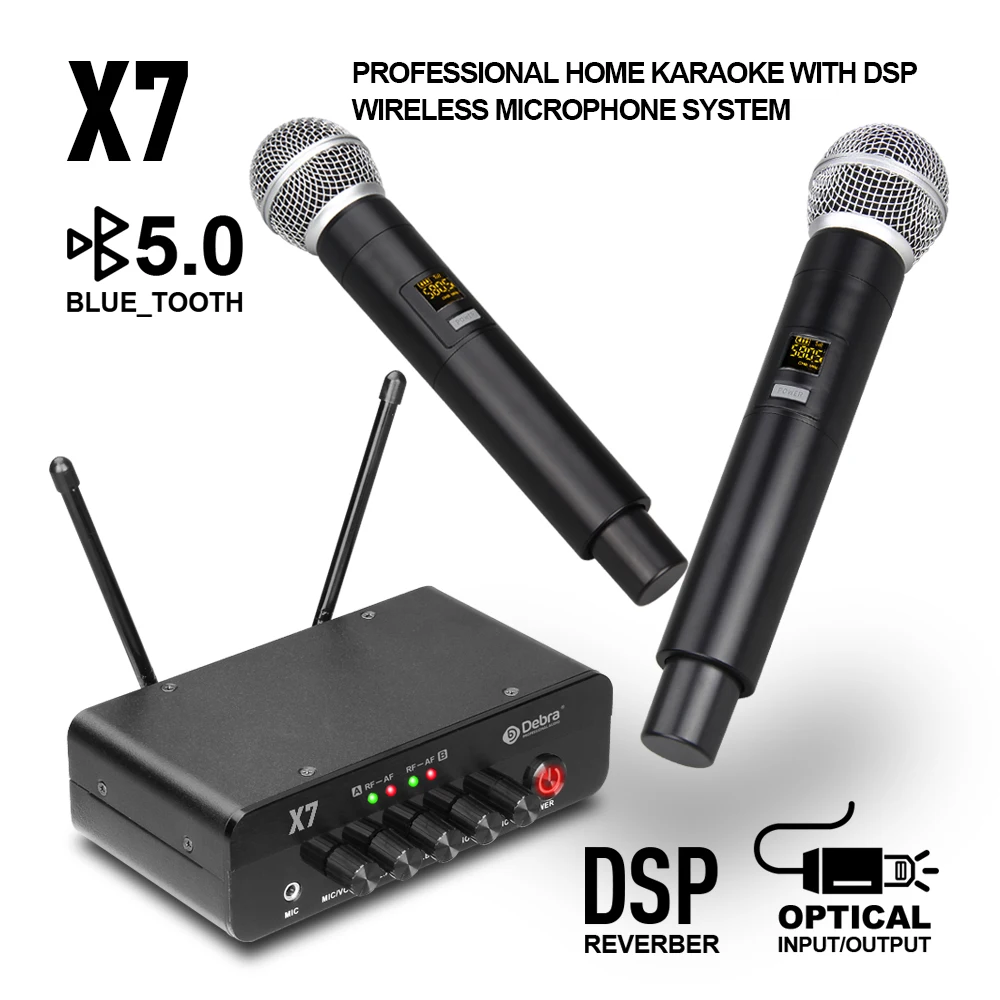 Debra UHF X7 2 Channel Wireless Microphone System With Dual Handheld Mic 5.0Bluetooth DSP Reverb ForKaraoke  Parties And Church