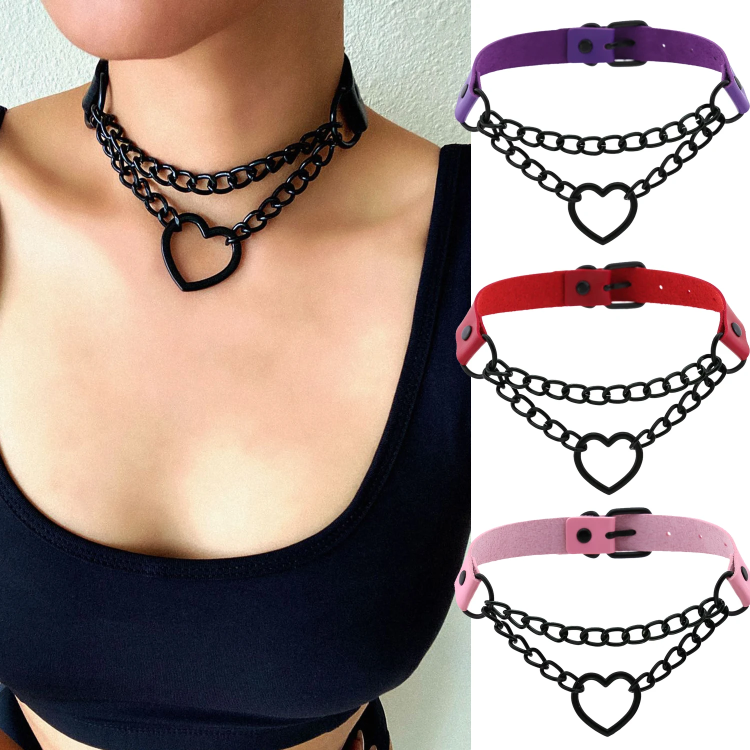 Vintage Heart Necklace Choker With Chain Goth Collar For Girls Grunge Punk Cute Kawaii Egirl Chocker Harajuku Accessories