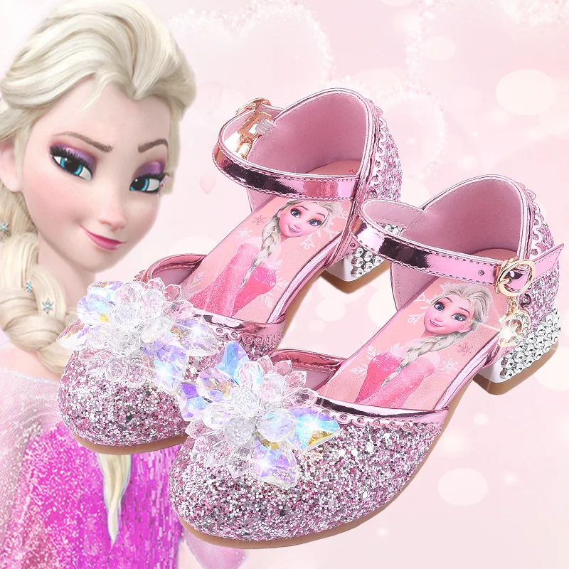 Chaussures en cuir à talons hauts pour filles, princesse Disney, Elsa congelée, pilier en cristal, paillettes décontractées, robe de soirée pour