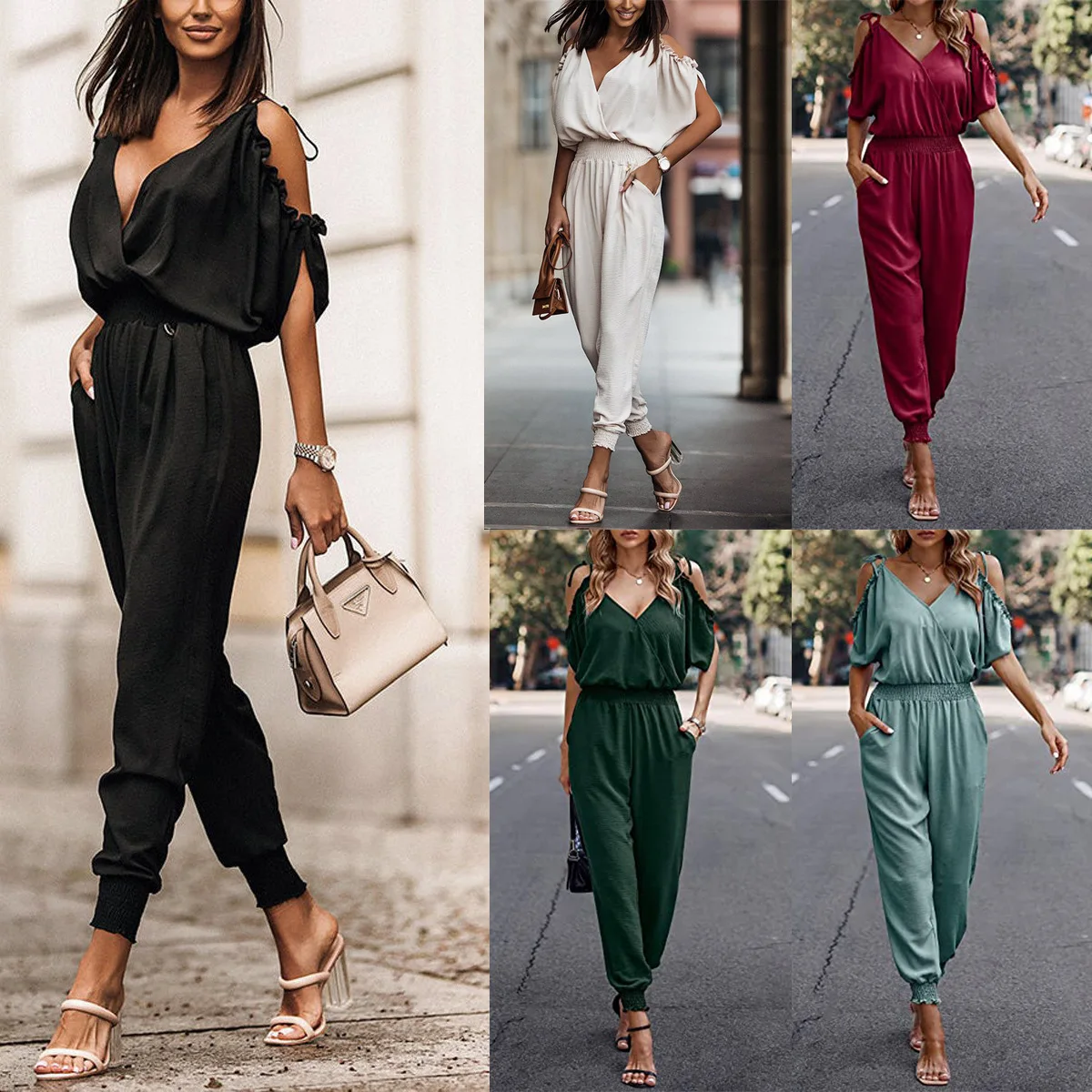 

Women Jumpsuits Short Sleeve V Neck Solid Pencil Pants Office Lady Casual High Waist Sexy Ankle Length Autumn 2023 Slim Fit