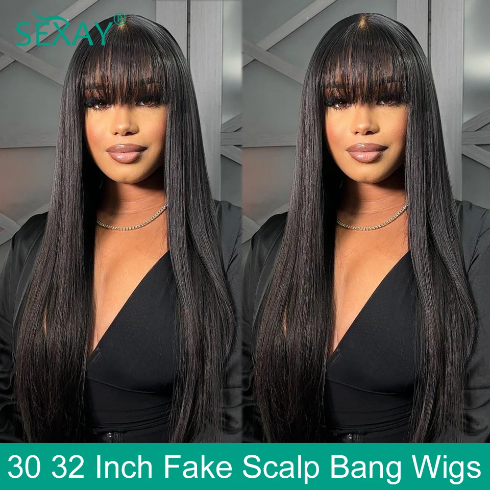 

30 32 Fake Scalp Bang Wig Brazilian Human Hair 180 200 Density 3 Inch Scalp Hairline Fringe Human Hair Wigs With Bangs For Women