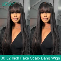 30 32 Fake Scalp Bang Wig Brazilian Human Hair 180 200 Density 3 Inch Scalp Hairline Fringe Human Hair Wigs With Bangs For Women