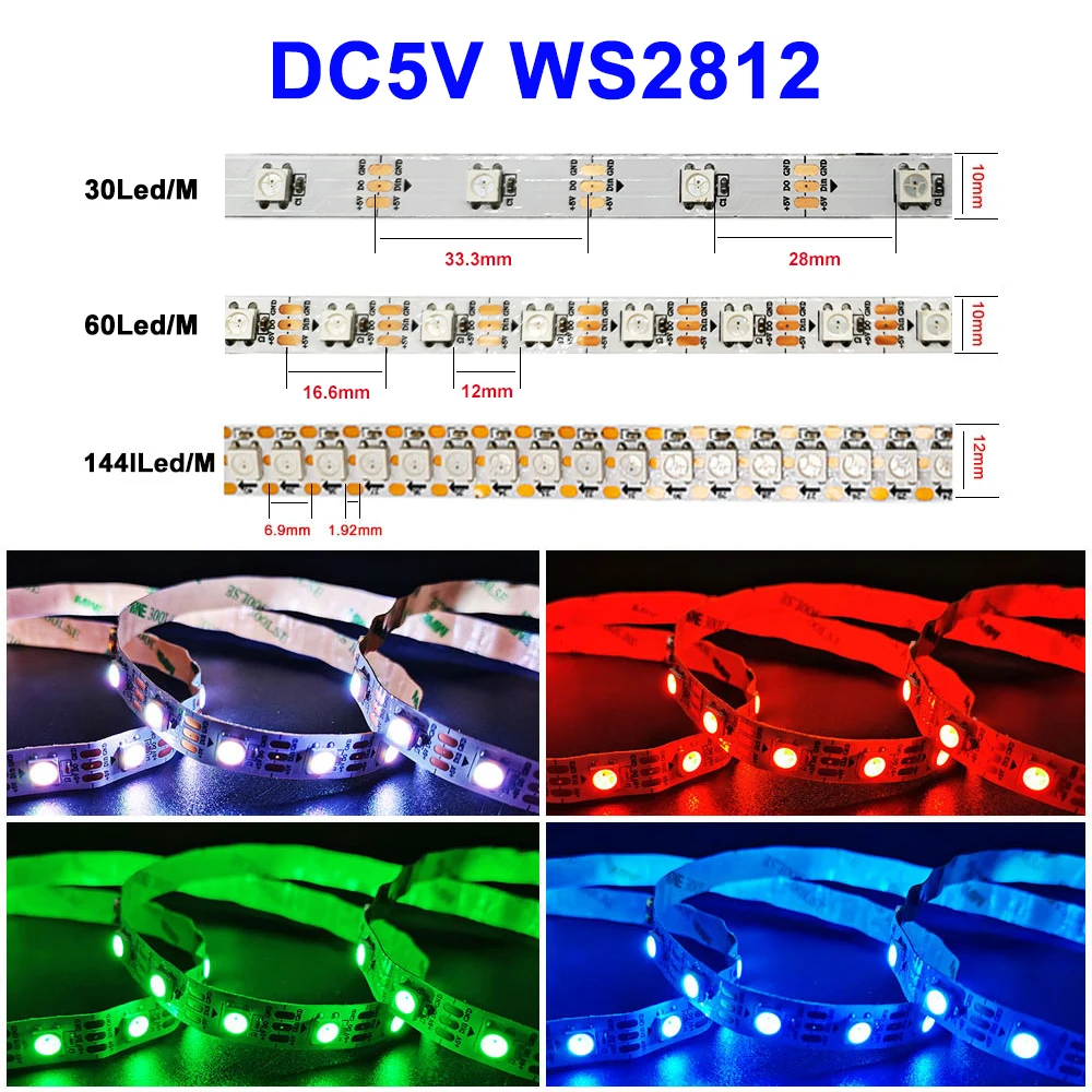 DC5V WS2812B WS2813 DC12V WS2815 Smart RGB LED Strip Individually Addressable Tape Light 30/60/144 Pixels/M 1m 2m 3m 4m 5m