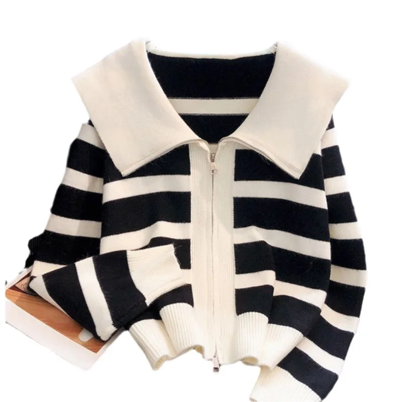 Women\'s Knitted Stripe Sweater Sweet Preppy Style Peter Pan Collar Cardigan Top Spring Autumn 2023 New Zipper Fashion Outwear