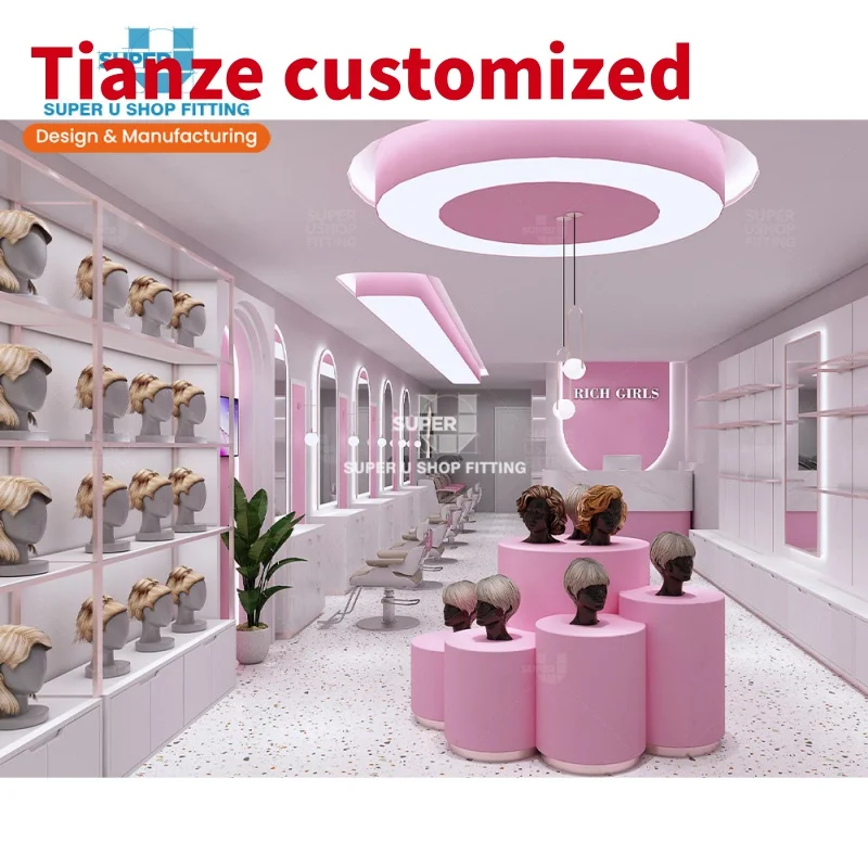 (Customized) custom stainless steel wig display shelf human hair extensions display furniture trendy pink salon shop interi