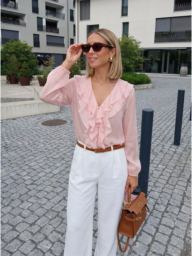 HH Women Summer Coquette Romantic Pink Ruffle Blouse Spring V Neck Long Lantern Sleeve Button Front Lightweight Chiffon Top