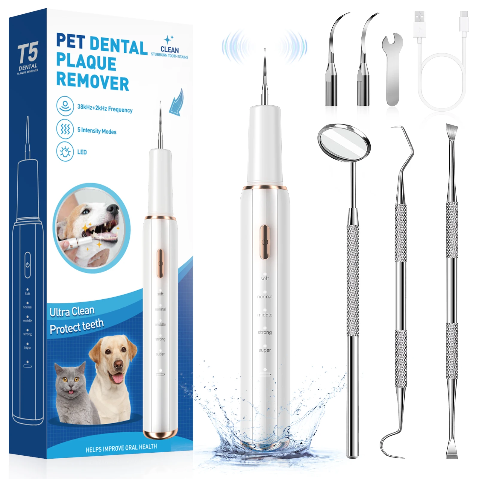 CURVY MOON-limpiador Dental ultrasónico para mascotas, escalador Dental para perros y gatos, herramienta de limpieza de dientes para eliminación de sarro, limpiador portátil impermeable