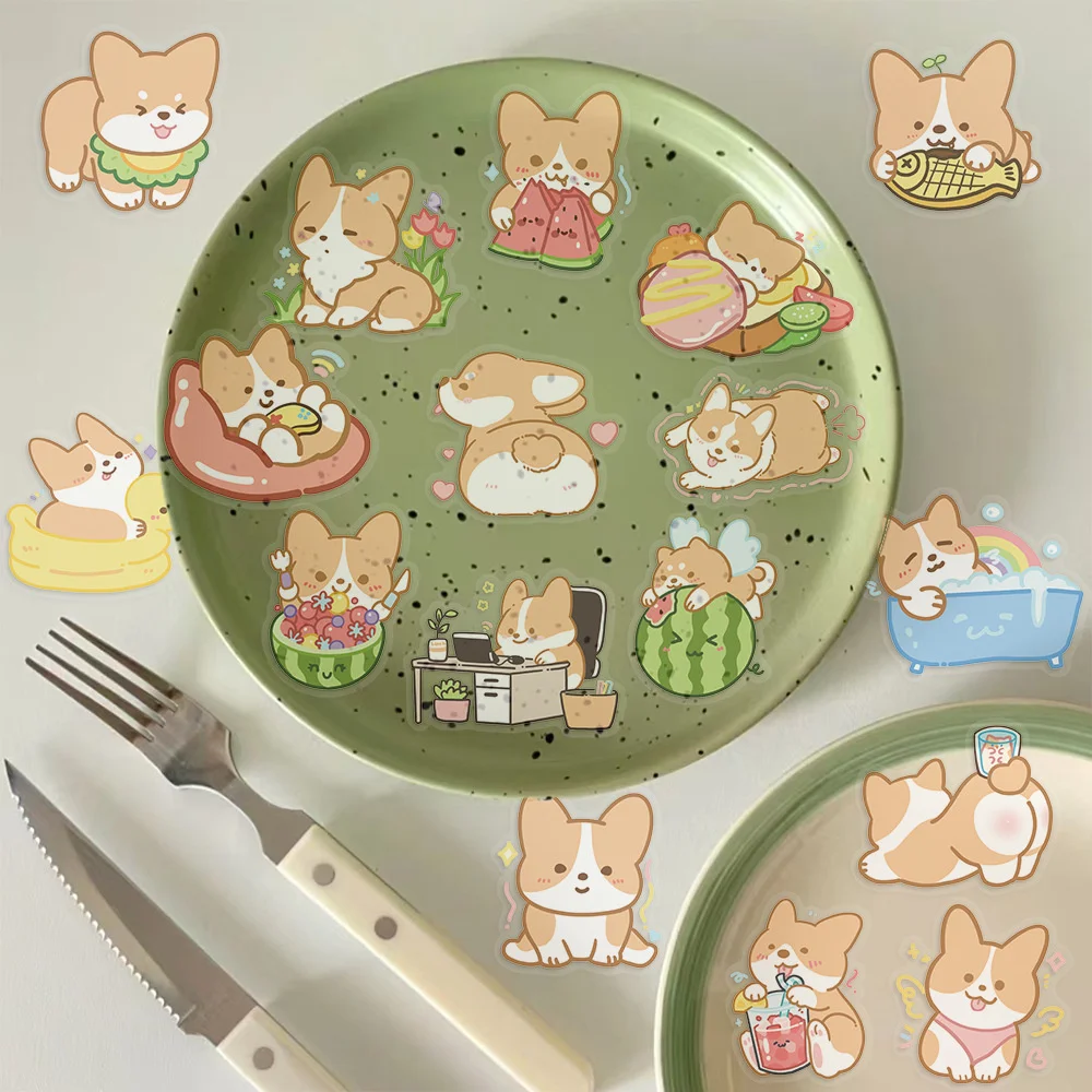 50pcs Aesthetic Transparent Cartoon Corgi Dog Stickers Pack Laptop Phone Case Sticker Scrapbooking Supplies Journal Accessories