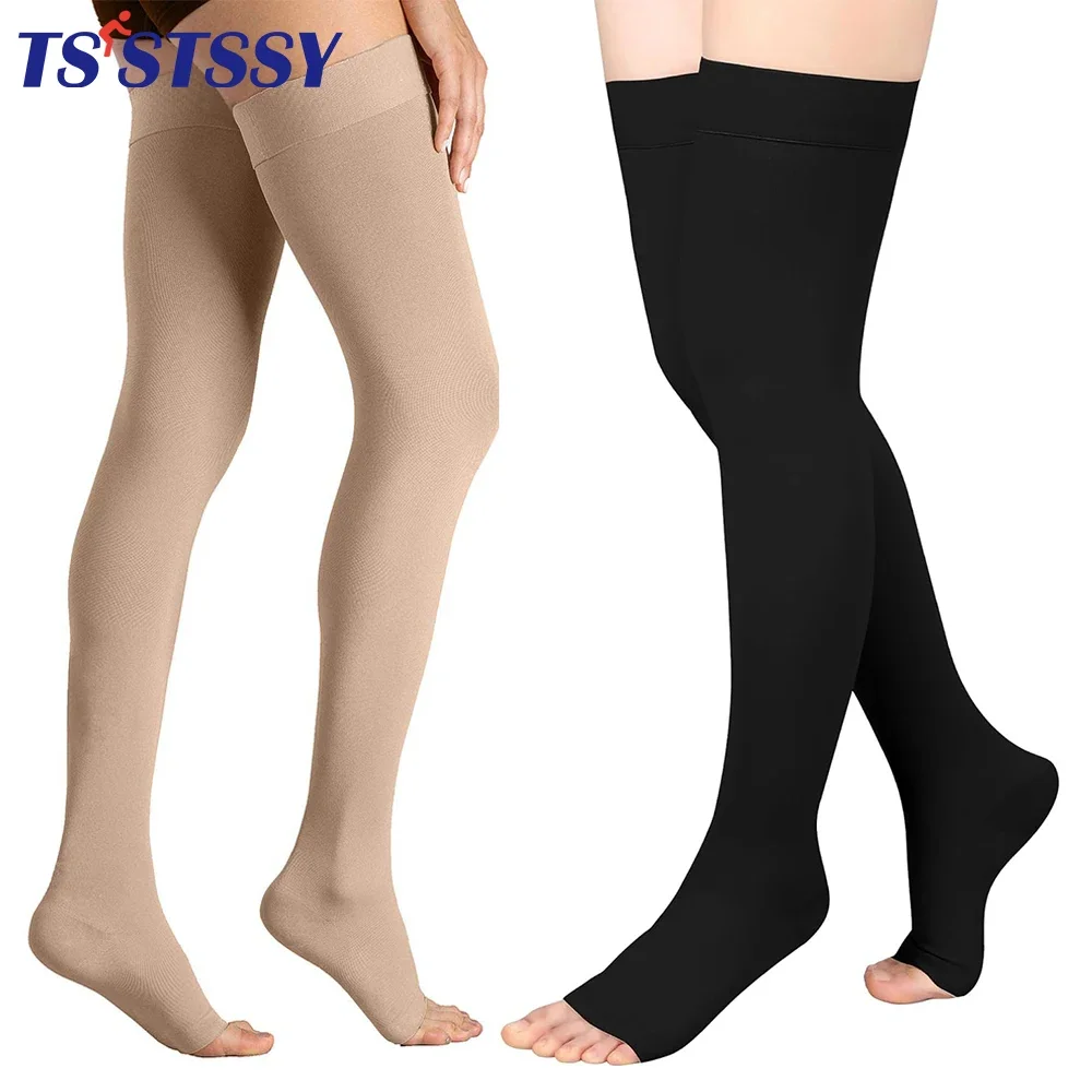 1Pair 20-30 MmHg Compression Stockings for Women Thigh High Open Toe Socks for Varicose Vein Swollen Legs Travel Flight Pregnant