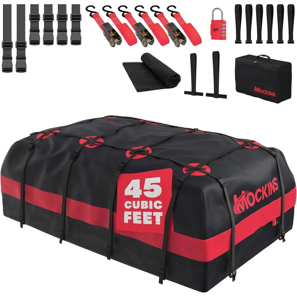Large 75x48x22 Waterproof Rooftop Cargo Bag with Mat, Lock, Hooks, Straps & Case for Car Roof Racks