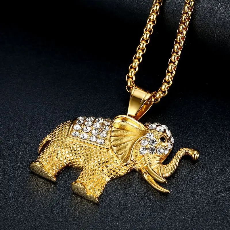 Megin D Stainless Steel Titanium Zircon Lucky Animal Elephant Pendant Collar Chains Necklace for Men Women Couple Hip Hop Jewel