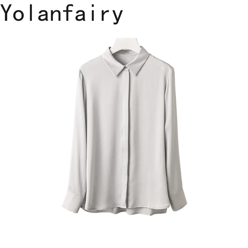 

YOLANFAIRY 19MM 100% Натуральные шелковые рубашки из тутового шелкопряда для женщин, весенние элегантные рубашки из сатина с эффектом песочной стирки, женские топы, рубашки с длинным рукавом