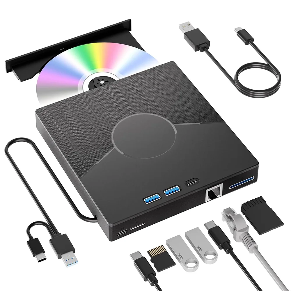 

Внешний привод для компакт-дисков и DVD 8 в 1, записывающее устройство для компакт-дисков USB 3.0 с интерфейсом Lan, устройством чтения карт SD/TF, проигрывателем DVD для Mac Win10/11