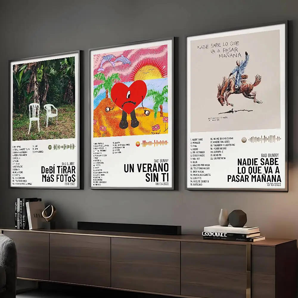 Singer B-Bad B-BunnyS Poster, selbstklebender Wandkunstdruck, wasserfest, für Zuhause, Wohnzimmer, Schlafzimmer, Bar, ästhetische Dekoration