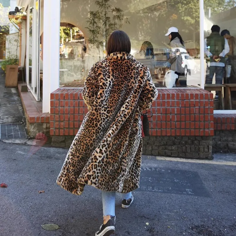 Women Imitation Fox Fur Leopard Jacket Coat X-Long Thick Warm Turn Down Collar Bomber Jacket Autumn Winter Parka Cardigan Coat