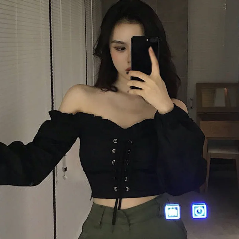 Retro Off Shoulder Lace Up Blouse Women High Waist T Shirts Drawstring Design Bubble Long Sleeve Crop Top Sweet And Spicy