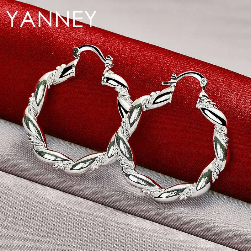 

925 Sterling Silver 30MM Twisted Round Hoop Earrings For Women Fashion Charm Wedding Engagement Party Gift Jewelry Accessories