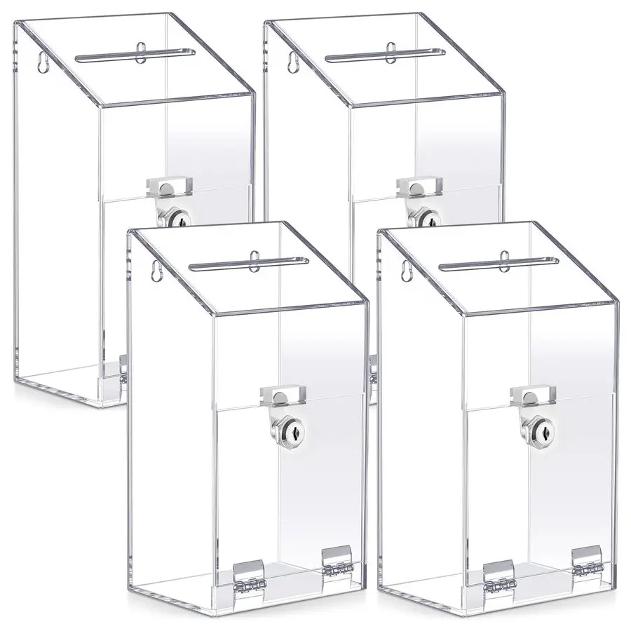 Scatola per donazioni in acrilico da 4 pezzi 10,2 x 5,6 x 4 Scatola per suggerimenti con serratura e slot per montaggio a parete Chiave per chiavistello Trasparente Raccolta dei fondi per Hom