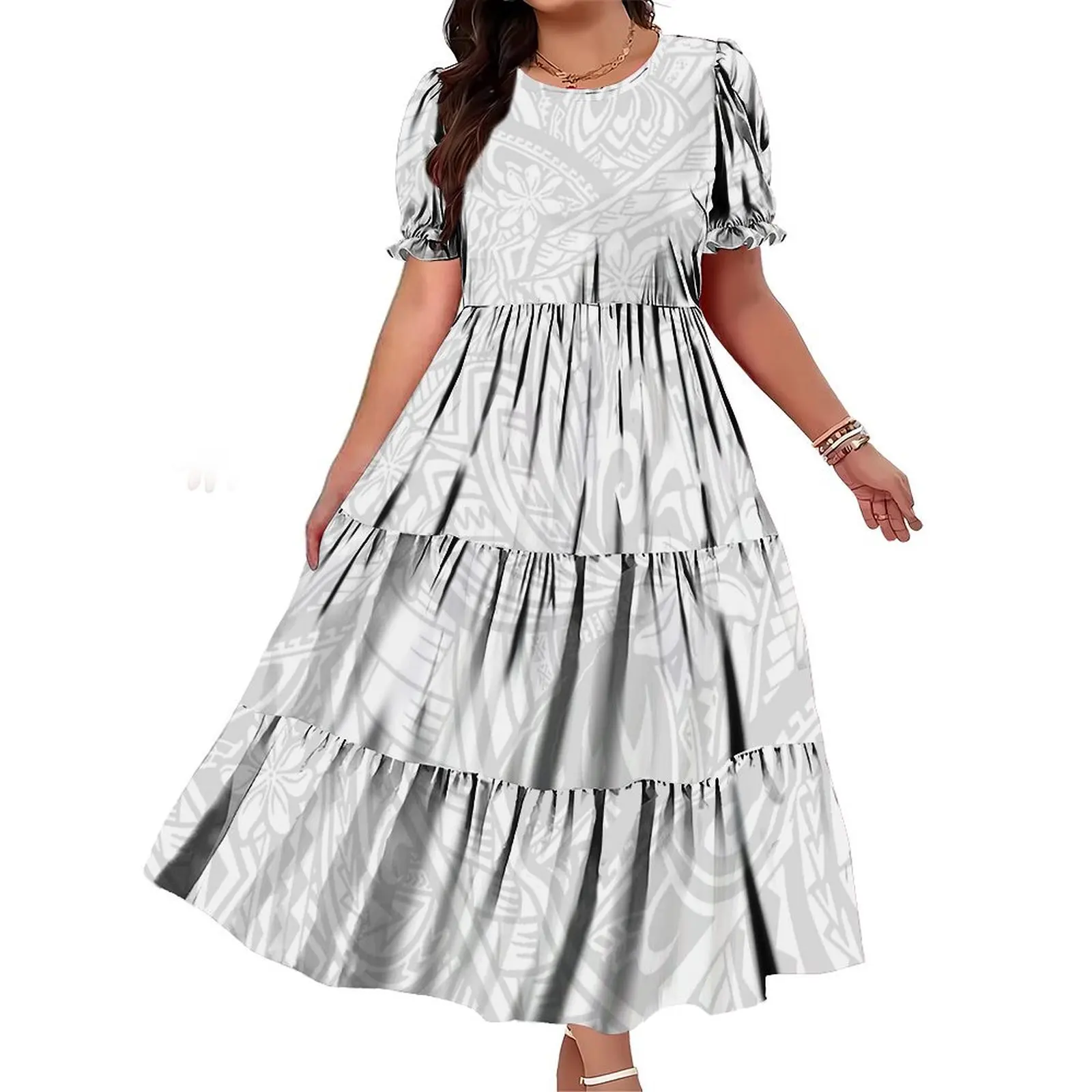 Heißer Verkauf Multi Tiered Kleid Benutzerdefinierte Blase Hülse Design Rot Plissee Kleid Plus Größe Frauen Rundhals Kleid Polynesian Kleider