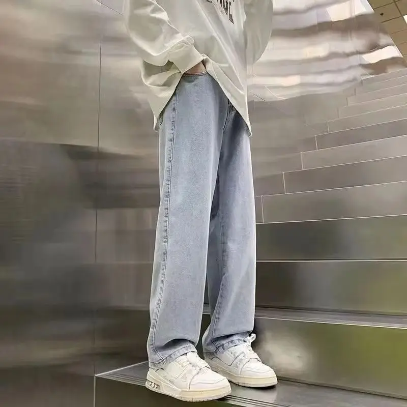 

Уличная одежда 2025 года, свободные джинсы, мужские модные свободные прямые широкие брюки в корейском стиле, мужская новая брендовая одежда, черный, голубой