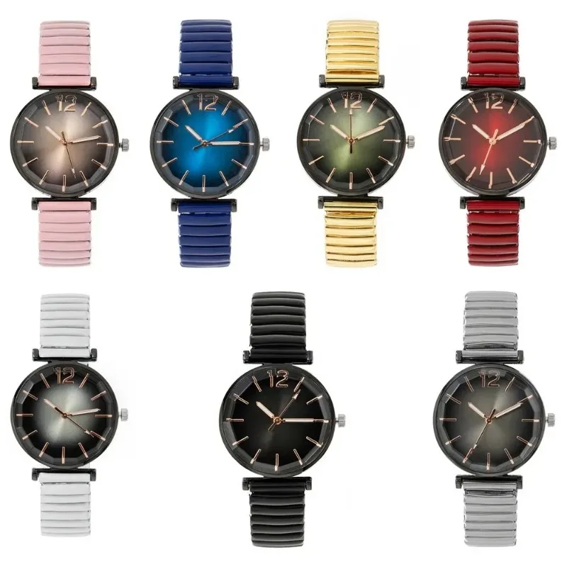 Montre à quartz cloutée ronde de couleur dégradée pour femme, acier inoxydable, bracelet élastique sans boucle, horloge décontractée pour femme