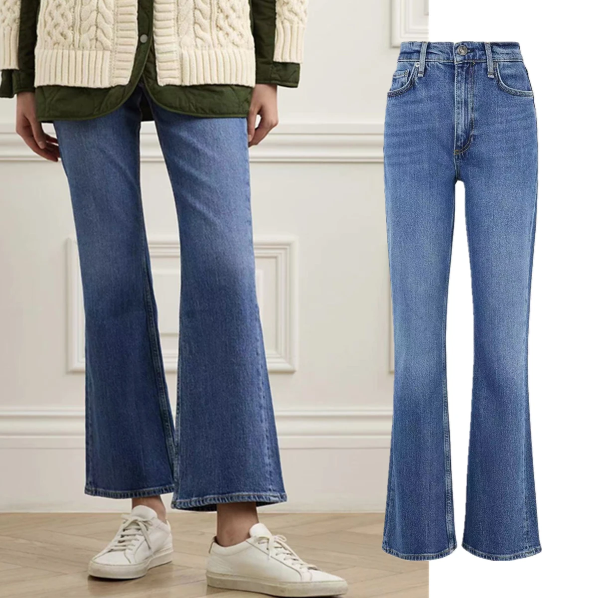 

Maxdutti French Minimalist Autumn Winter Special Fleece Thick High Waisted Flared Jeans Cropped Jeans Fleece Denim Pants Woman
